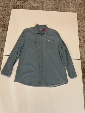 Two Dove Men’s XL Chambray Western Snap Button Shirt Cotton Blue Bird Logo